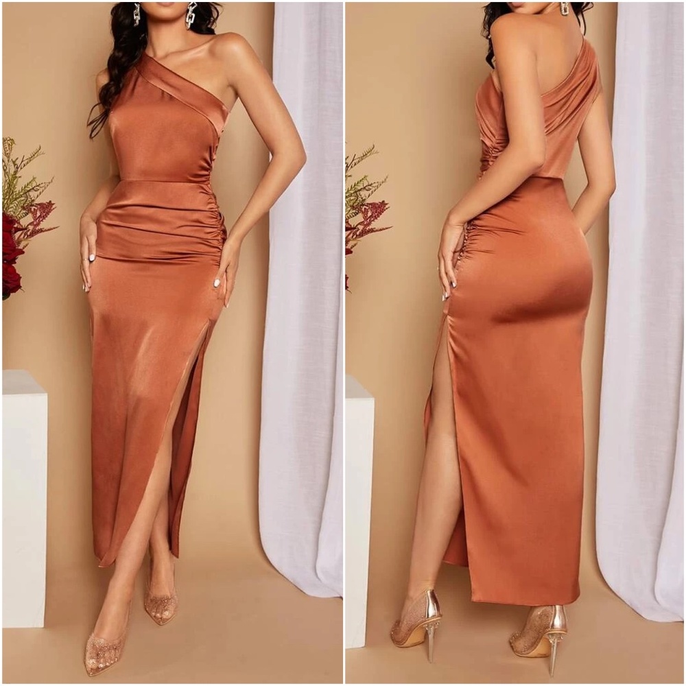 Luxe One Shoulder Satin Formal Evening party Dress - Picture 4 of 8
